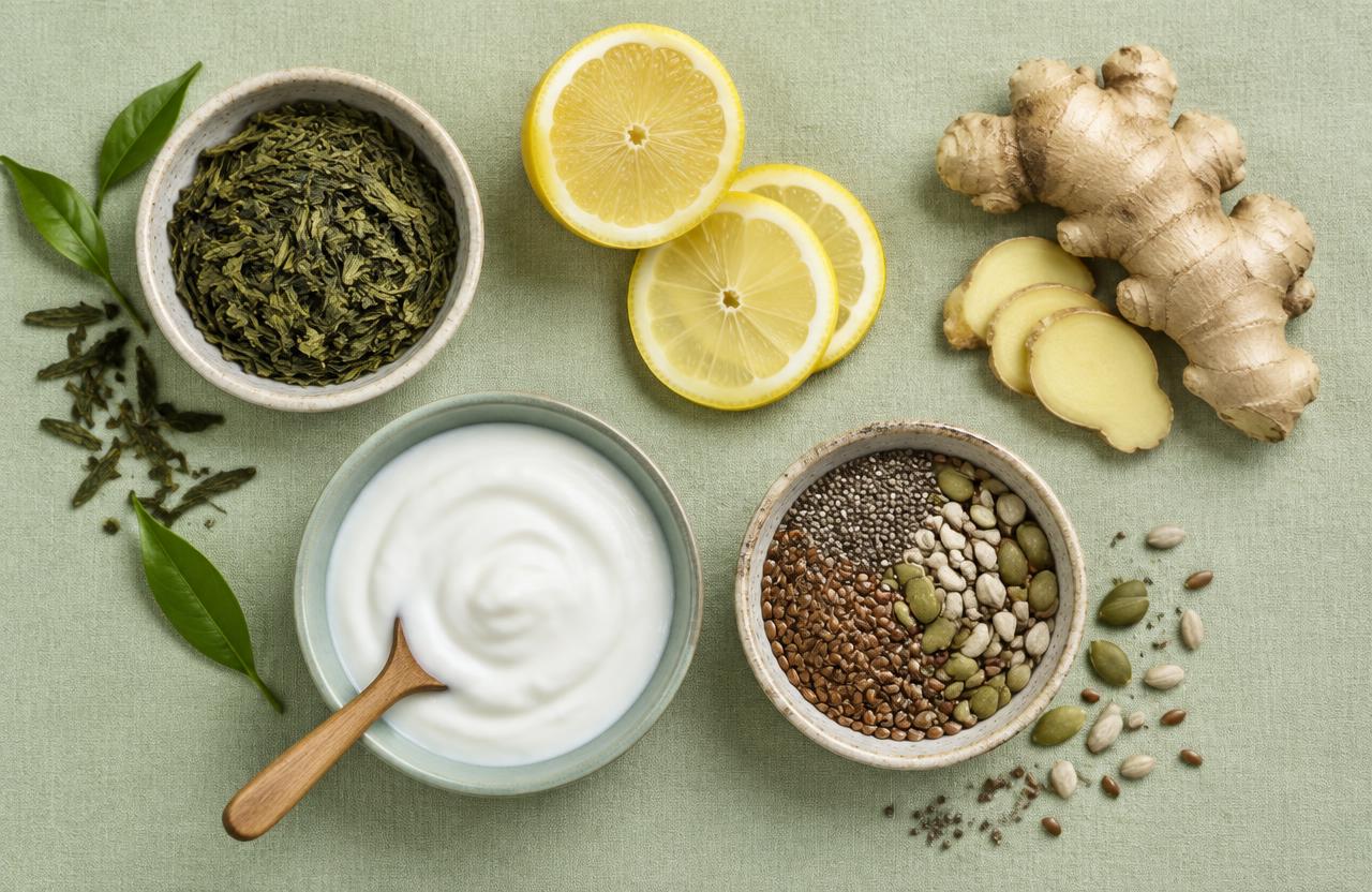 Gut-friendly ingredients including green tea, lemon, ginger, yogurt and fiber seeds