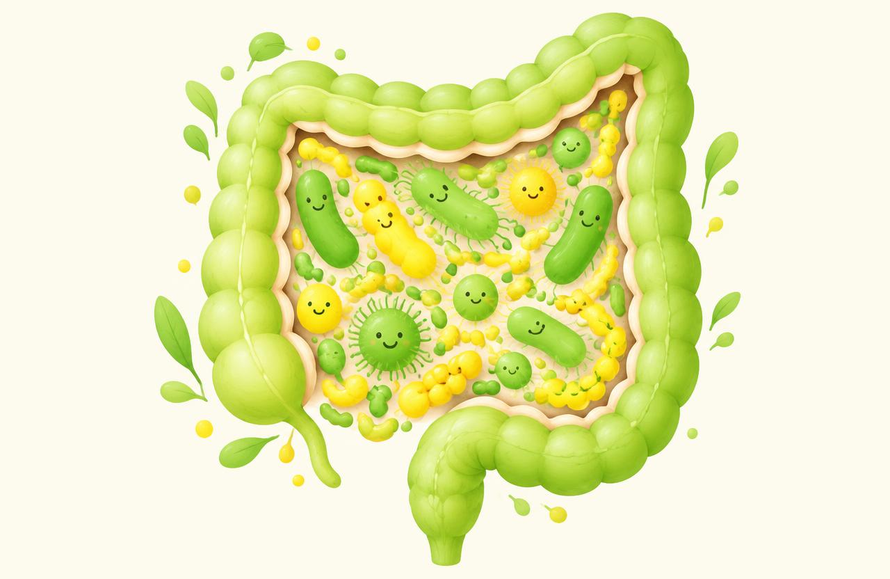 Illustration of a balanced gut microbiome with friendly bacteria