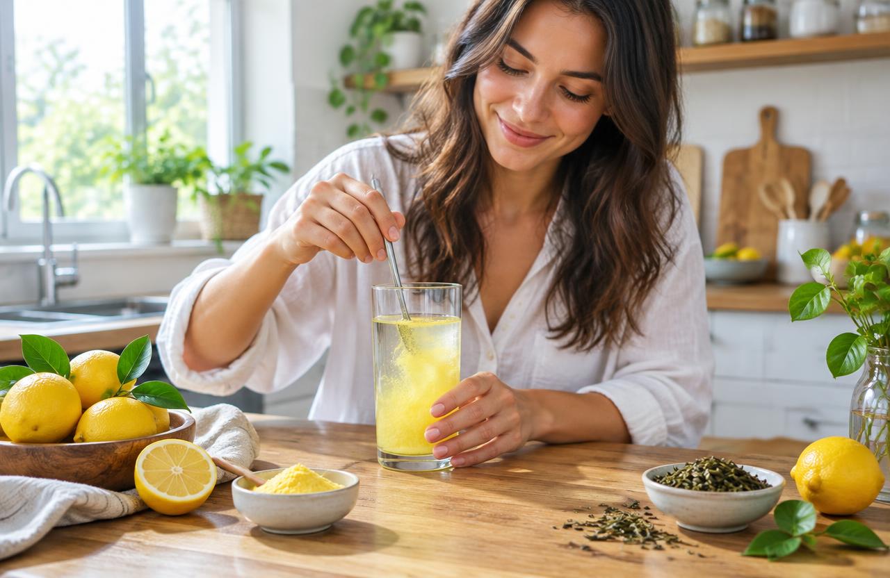 Woman stirring a lemon probiotic drink in a bright kitchen
